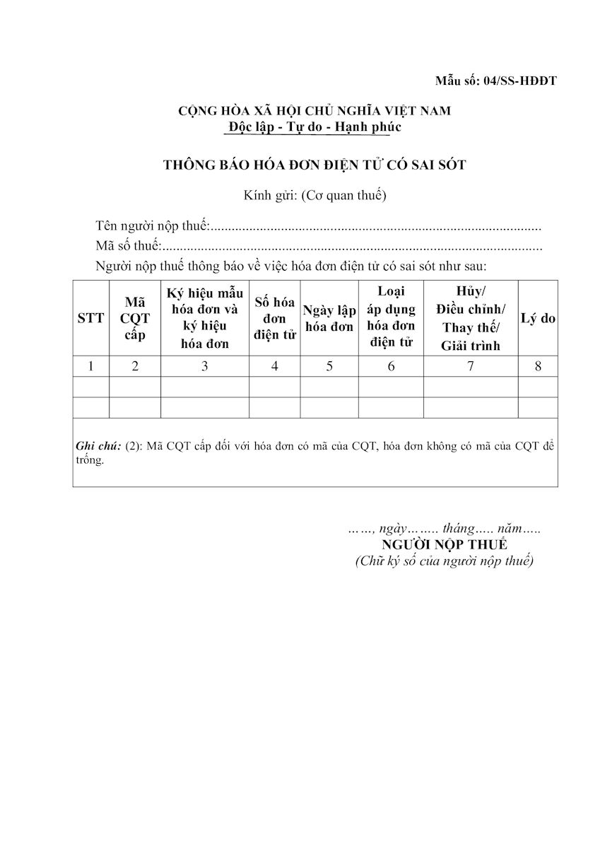 Mẫu 04 SS HĐĐT lên cơ quan thuế